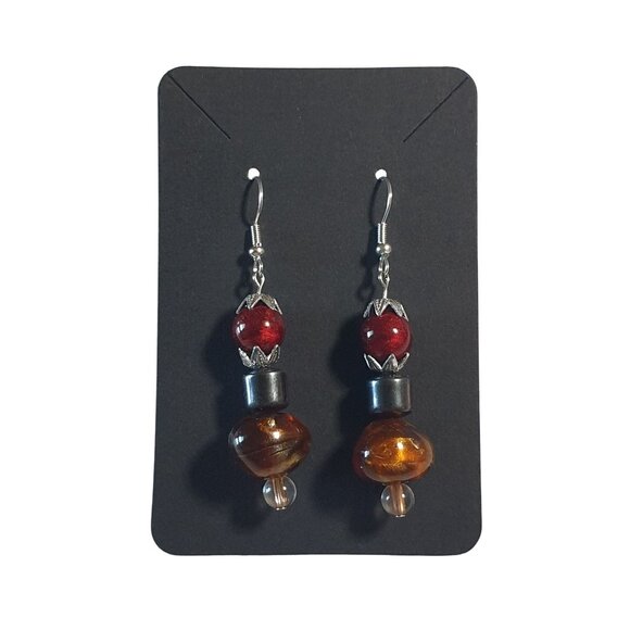 Glass Beaded Drop Earrings Handmade Red Gold Tone Accents Hook Hematite Gift Mom - Picture 2 of 4